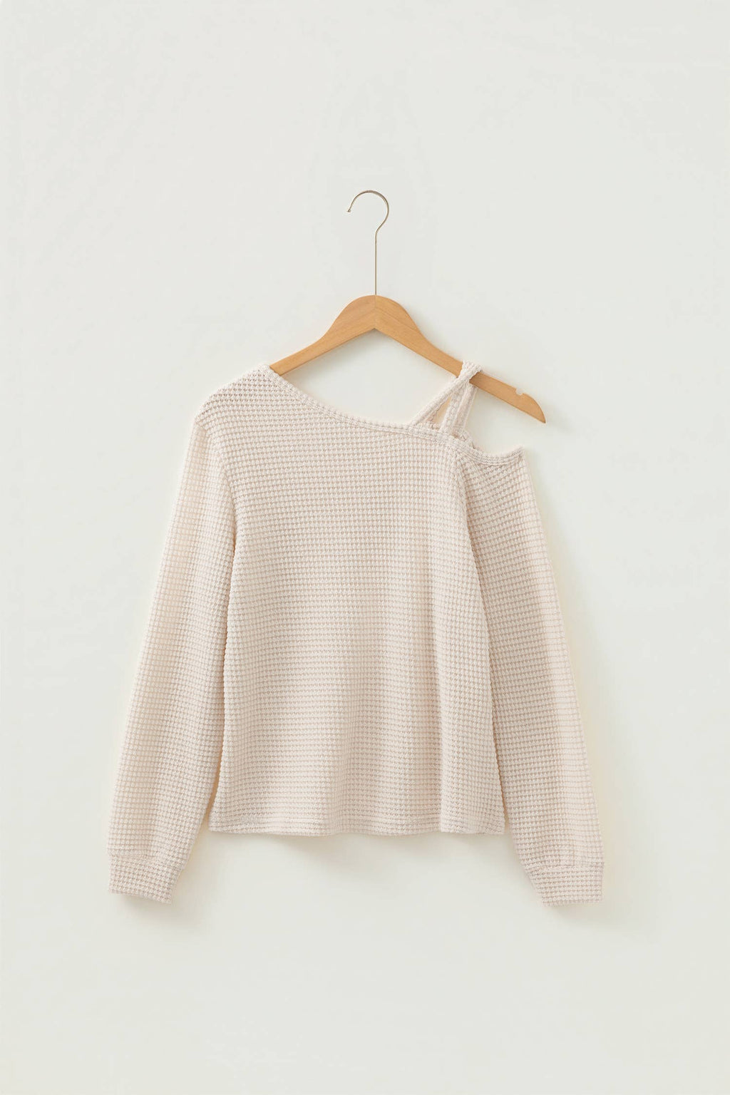 Textured Knit Asymmetric Shoulder Long Sleeve Top (S-XL)