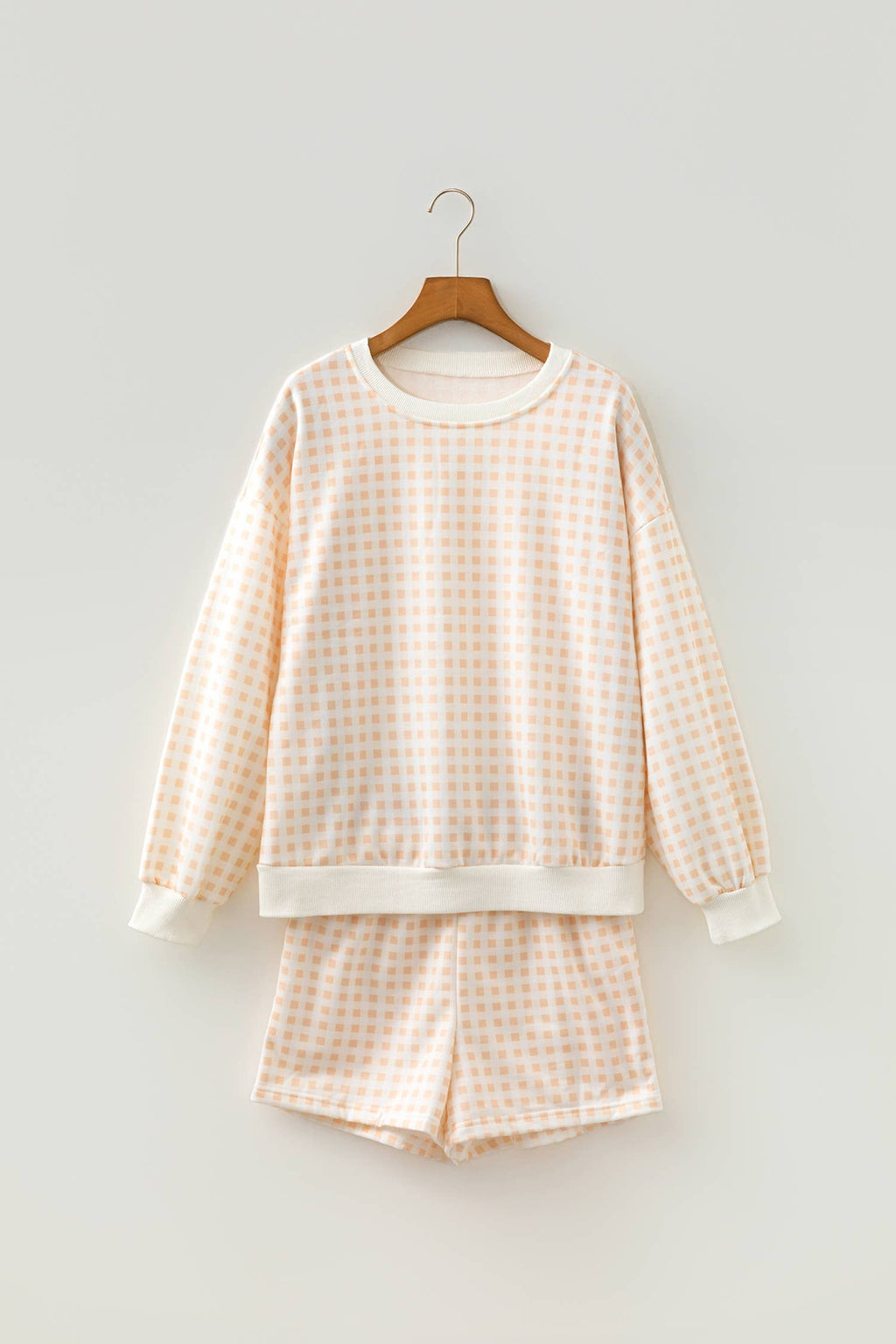 Plaid Puff Sleeve Top Tie Waist 2pcs Shorts Set (S-XL)