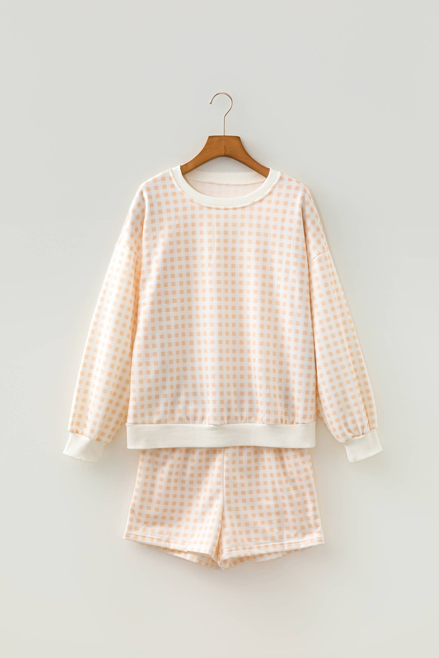 Plaid Puff Sleeve Top Tie Waist 2pcs Shorts Set (S-XL)