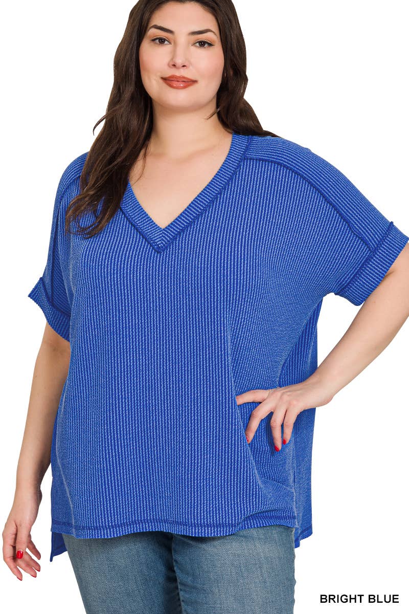 `SI-27252 Plus Corded Rib Short Sleeve Hi Low Neck Top