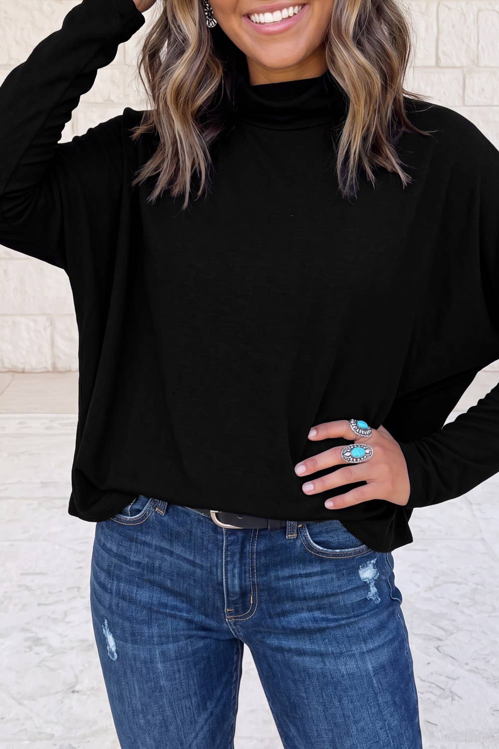 Oversized Mock Neck Long Sleeve Layering Basic Blouse