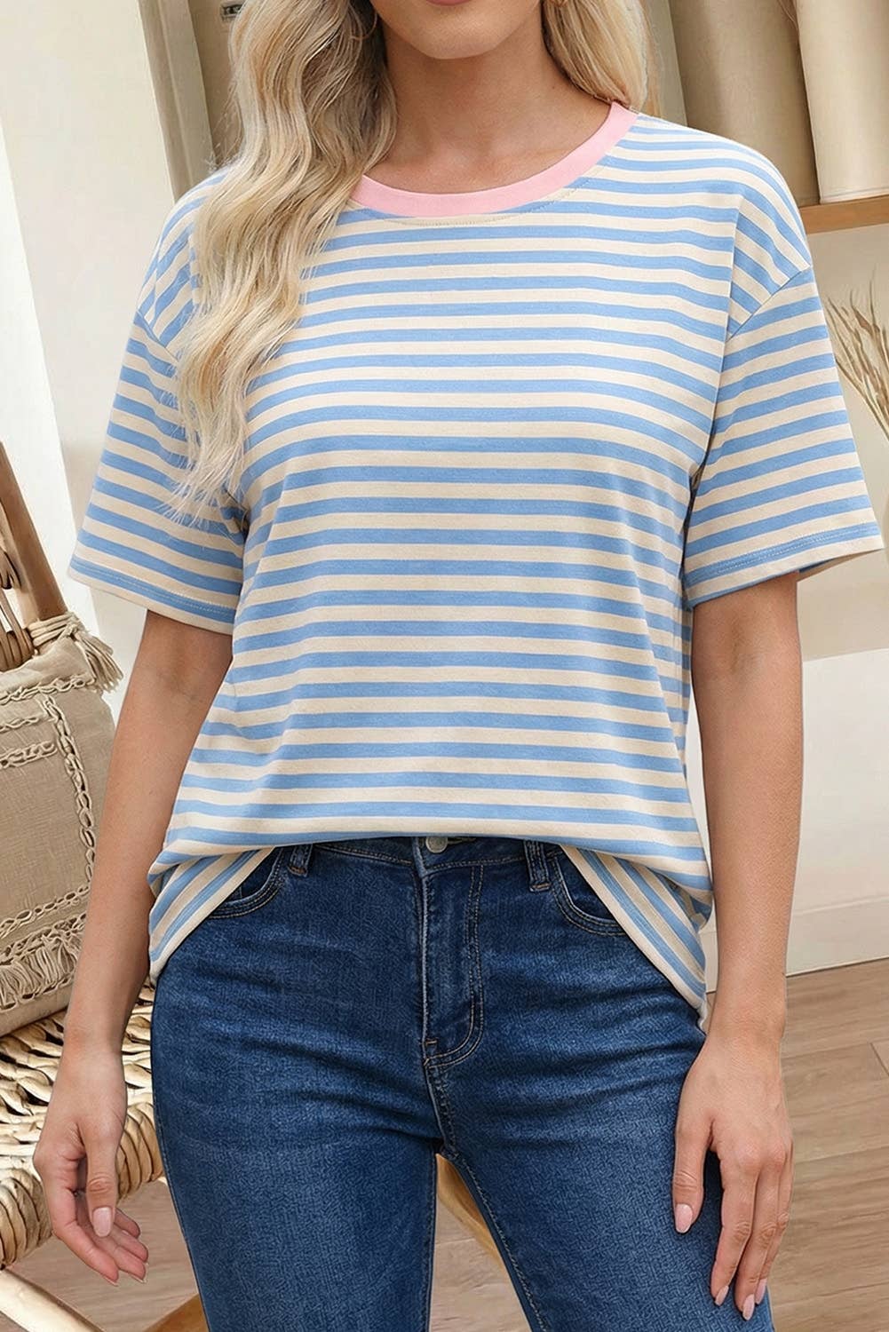 Stripe Contrast Crew Neck Drop Shoulder Loose Tee (S-4X)