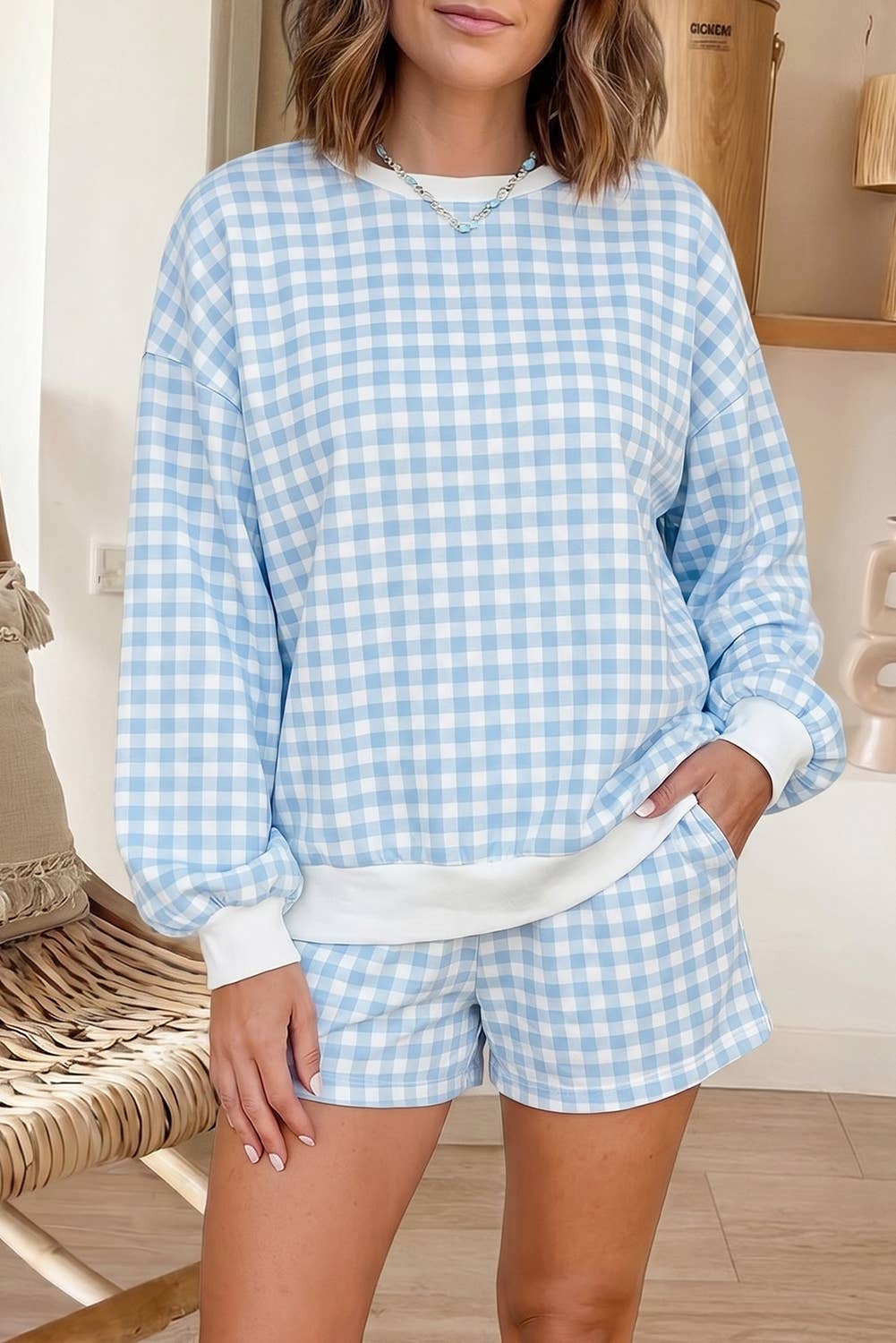 Plaid Puff Sleeve Top Tie Waist 2pcs Shorts Set (S-XL)
