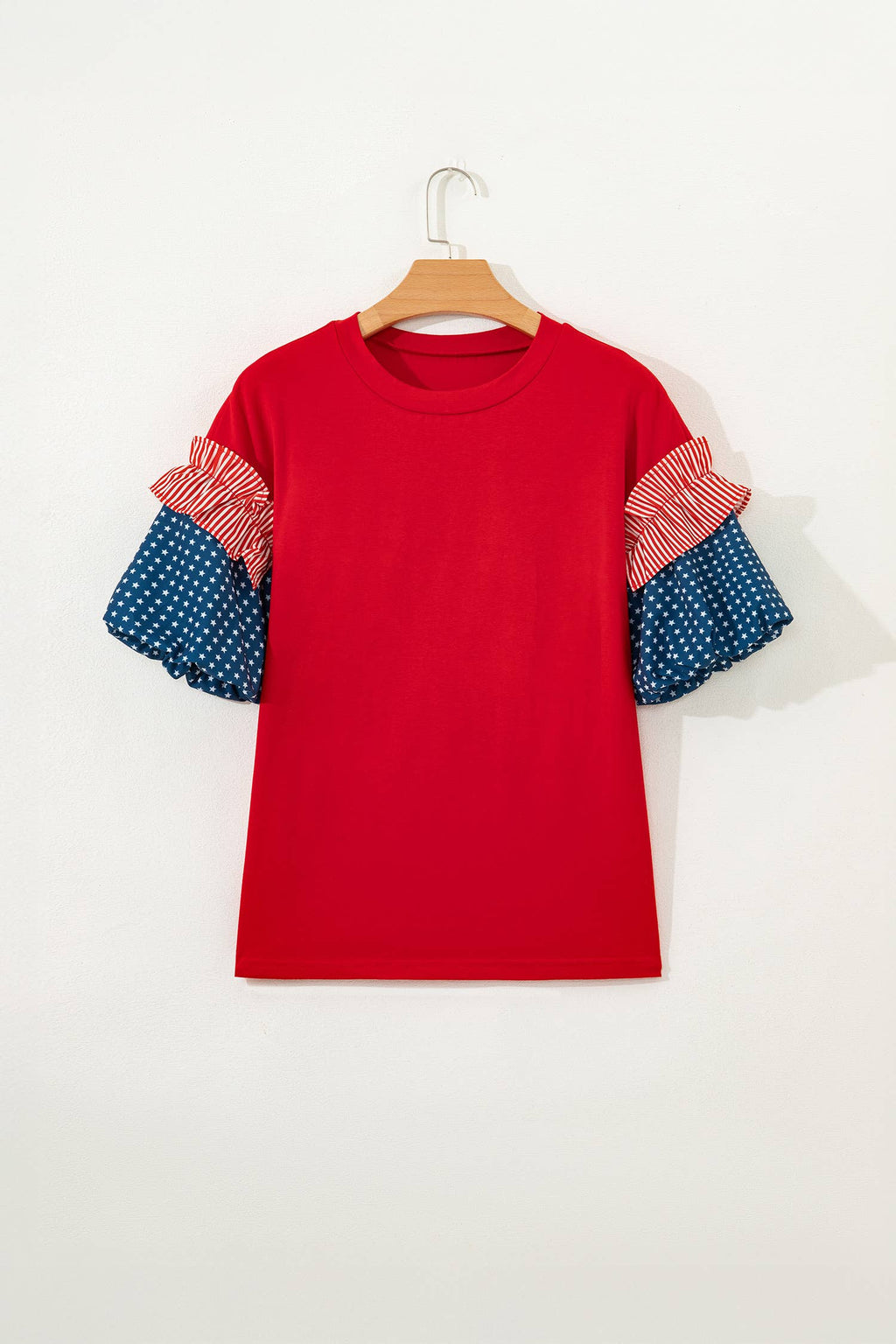 66 Plus Size Stars Stripes Short Puff Sleeve Top (S-4X)