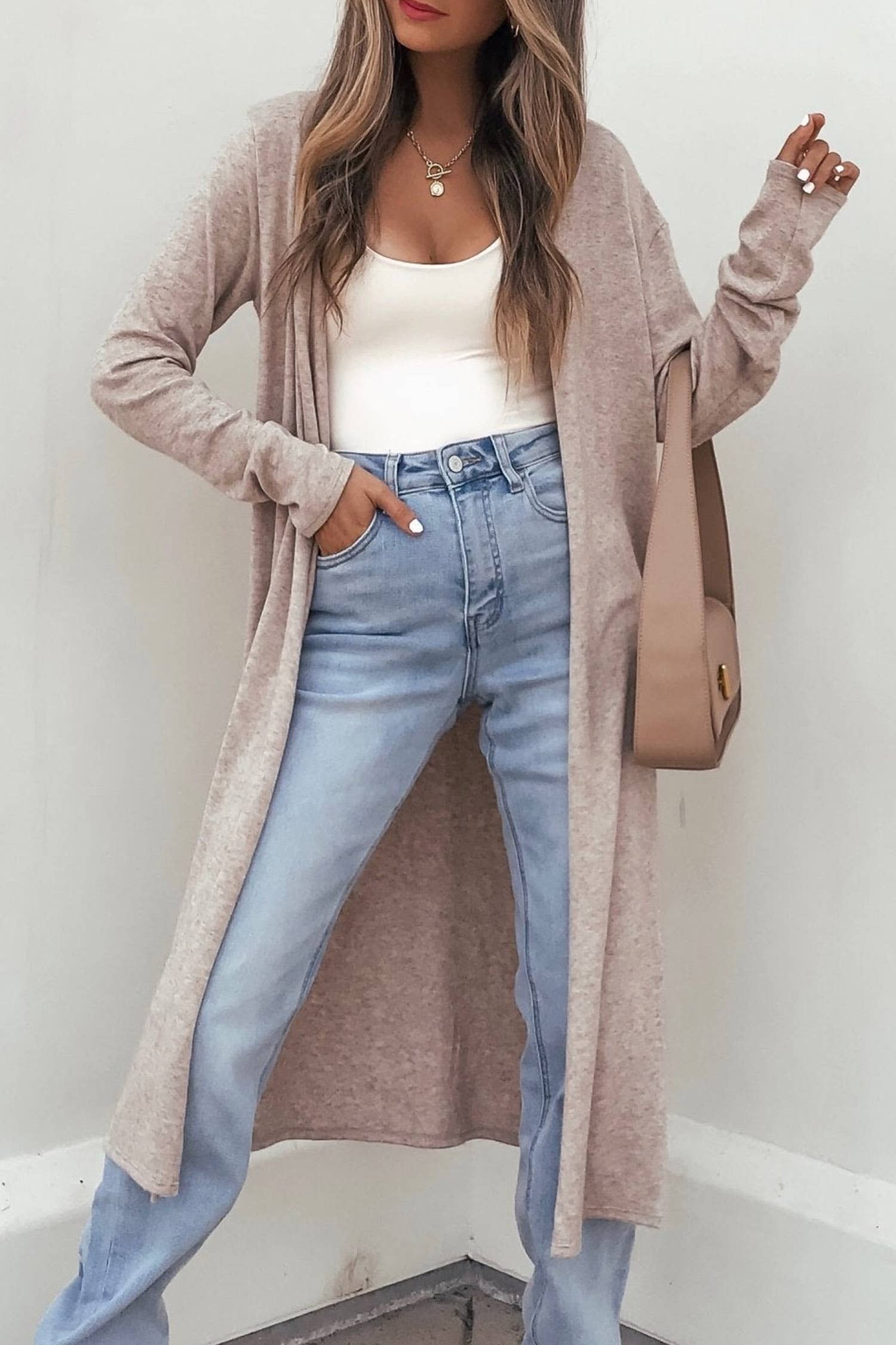 Solid Long Sleeve Open Front Duster Cardigan (S-XL)