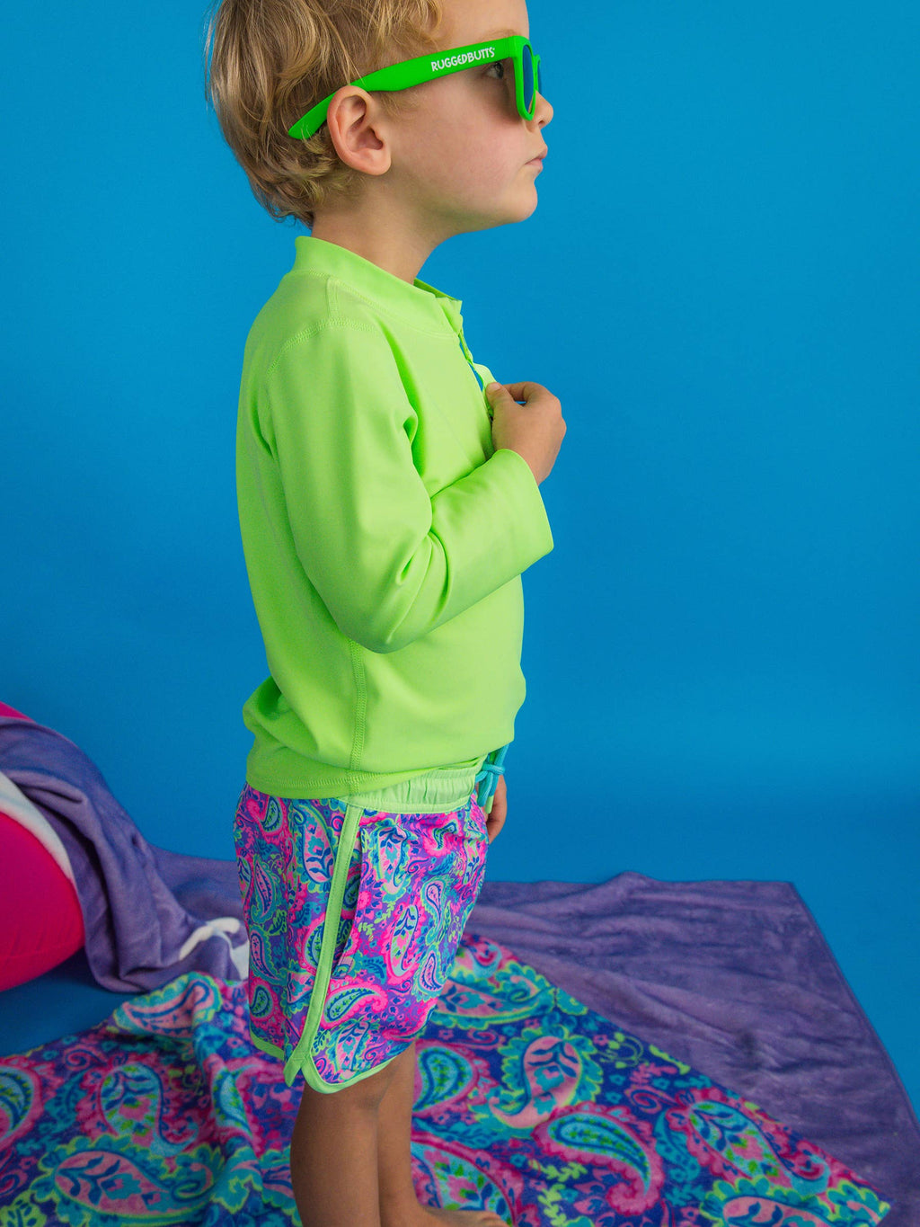Boys Neon Paisley Pop Performance Hybrid Dolphin Hem Swim Trunks