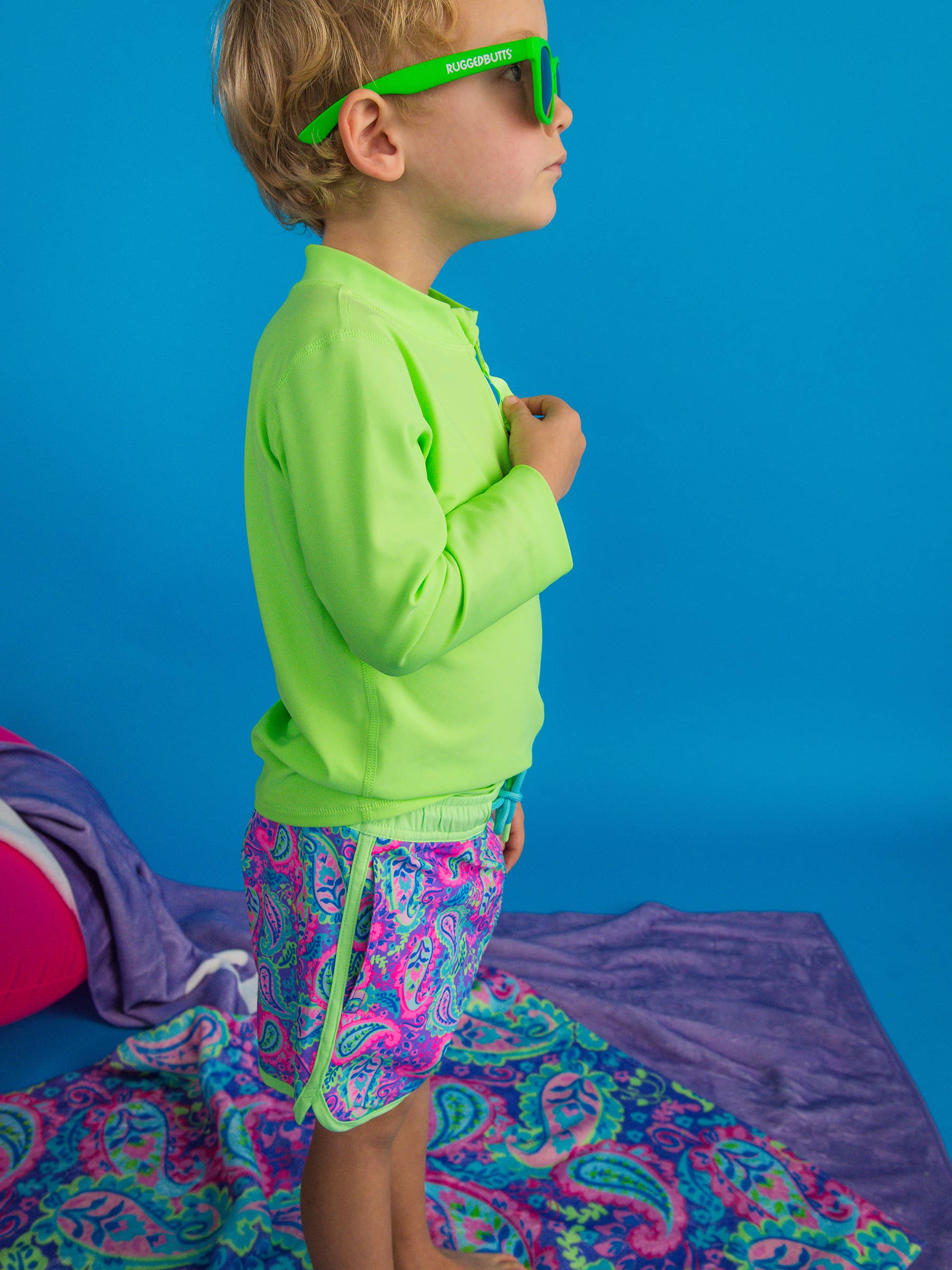 Boys Neon Paisley Pop Performance Hybrid Dolphin Hem Swim Trunks