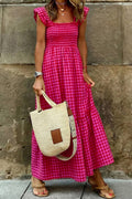 Plaid Square Neck Fit-and-flared Vacation Sundress (S-XL)