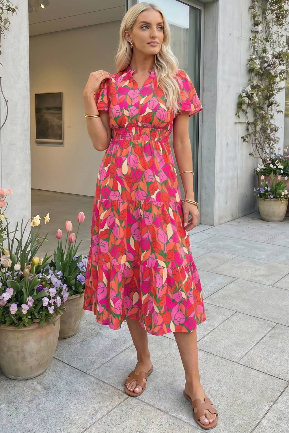 Floral Short Sleeve Smocked Waist Maxi Dress (S-XL)