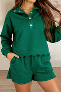 Scallop Trim Half Button Pullover Casual Shorts Set (S-XL)