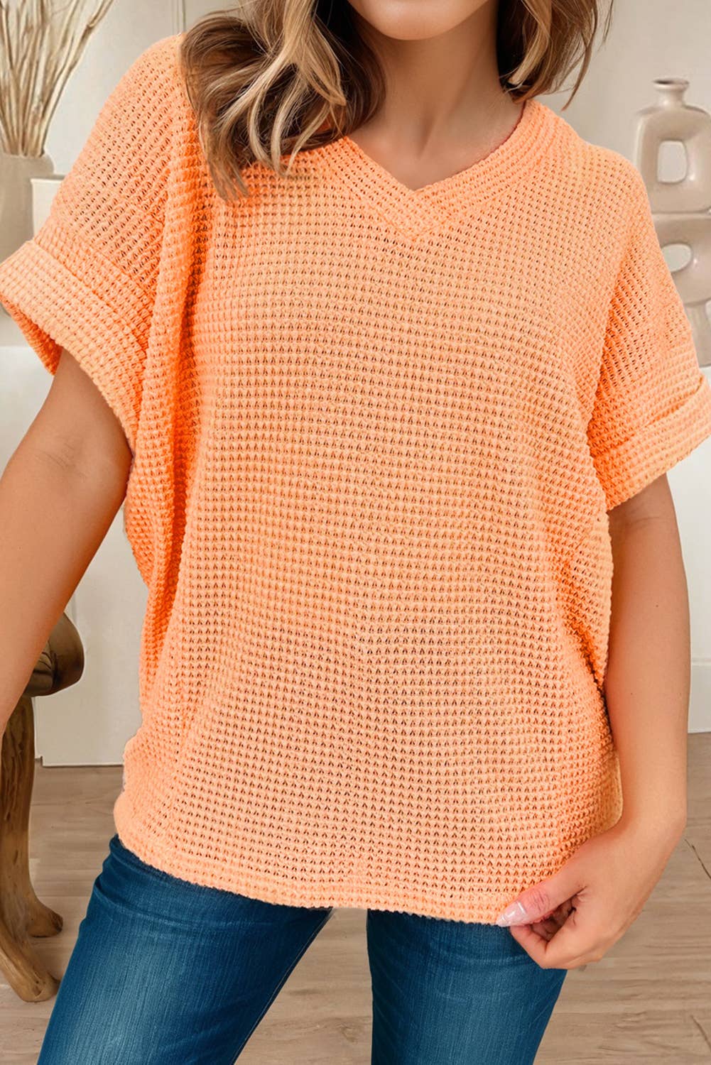 Plus Size Waffle V Neck Short Sleeve Knit Top (S-4X)