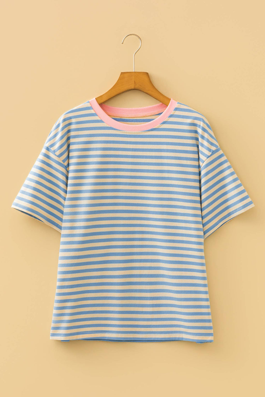 Stripe Contrast Crew Neck Drop Shoulder Loose Tee (S-4X)