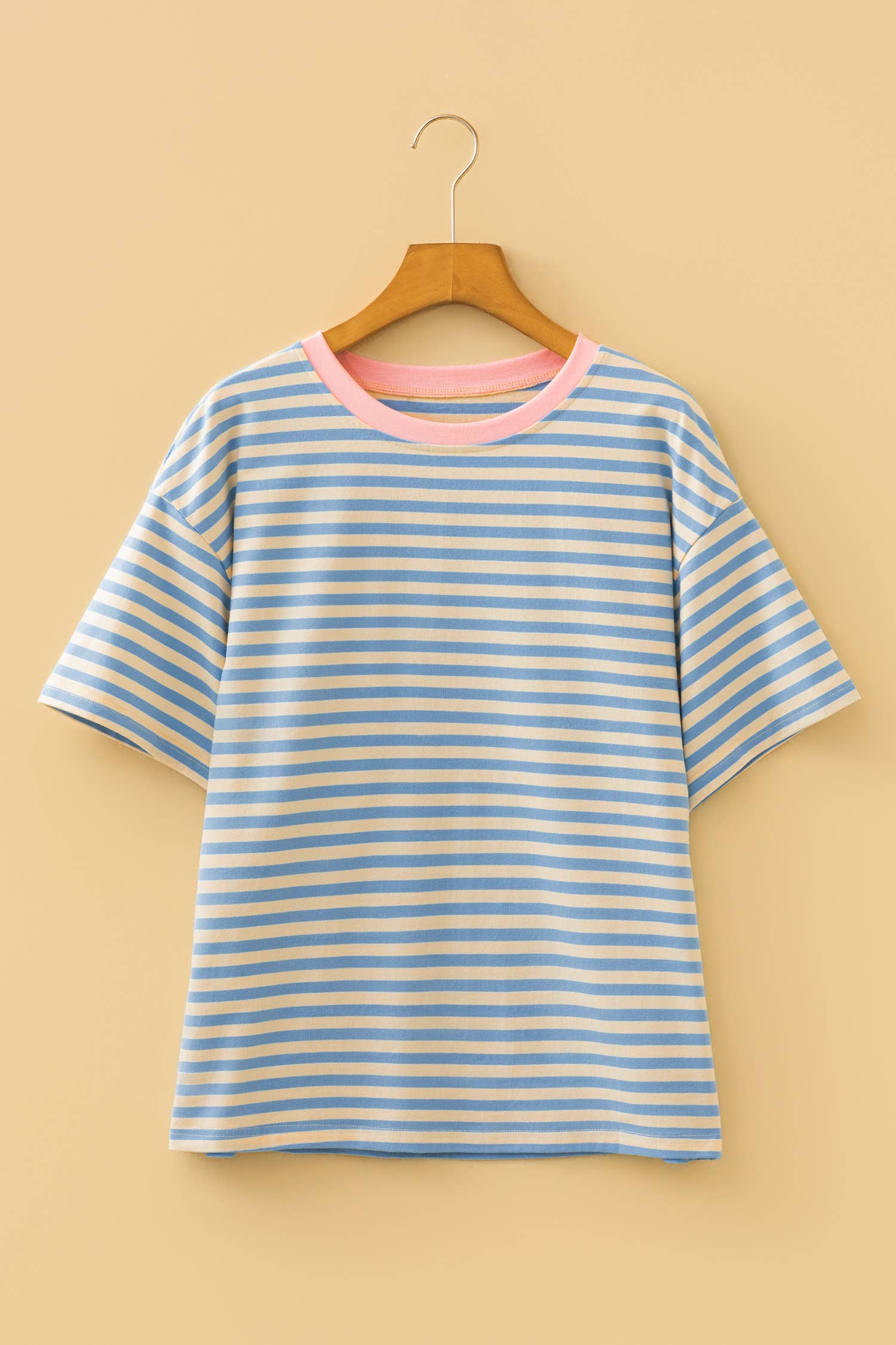 Stripe Contrast Crew Neck Drop Shoulder Loose Tee (S-4X)