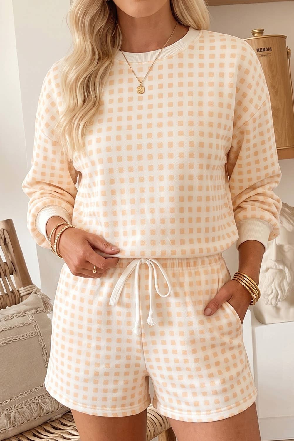 Plaid Puff Sleeve Top Tie Waist 2pcs Shorts Set (S-XL)