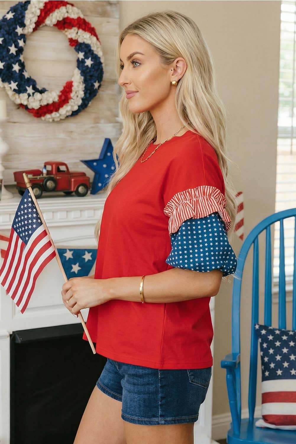 66 Plus Size Stars Stripes Short Puff Sleeve Top (S-4X)