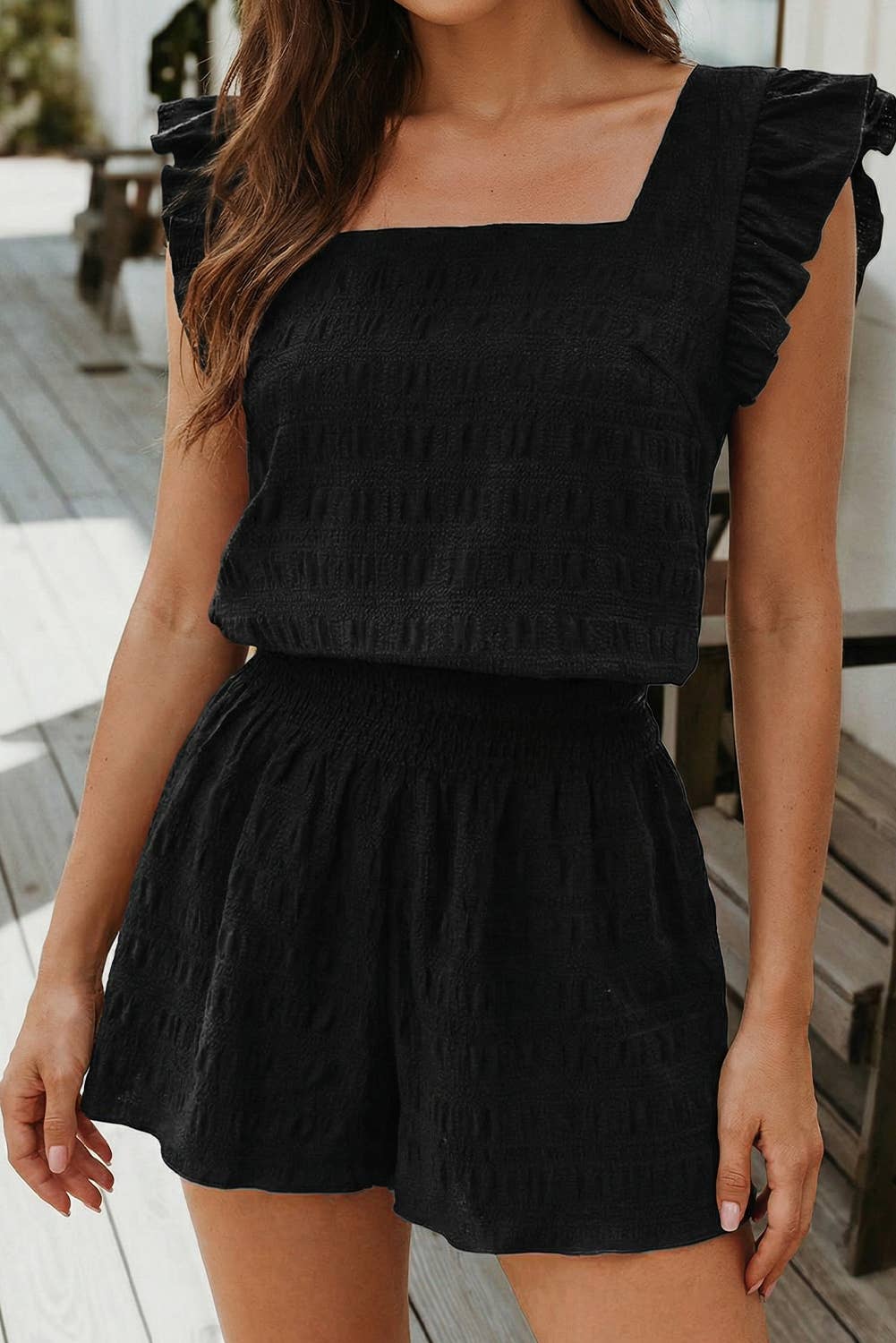 Textured Square Neck Top and Shirred Shorts Set (S-XL)