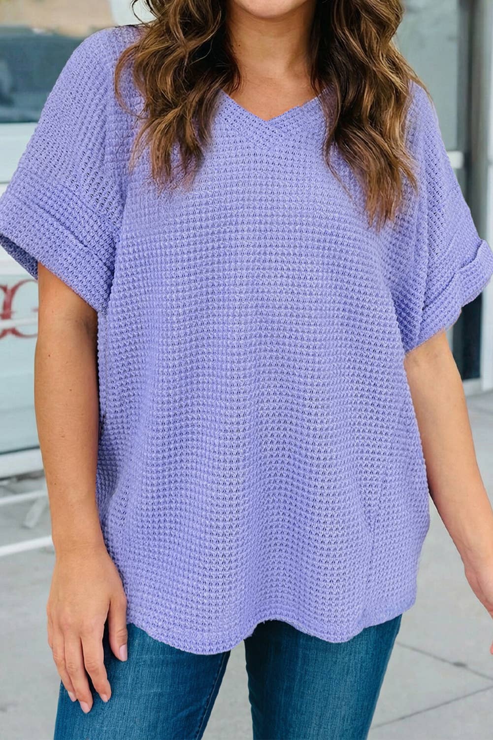 Plus Size Waffle V Neck Short Sleeve Knit Top (S-4X)