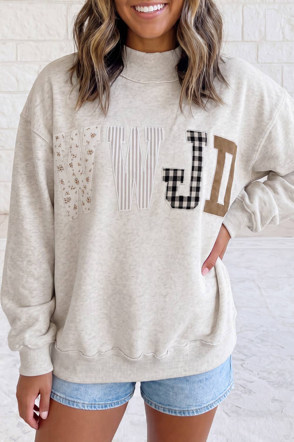 WWJD Mixed Embroidered Patch Mock Neck Sweatshirt