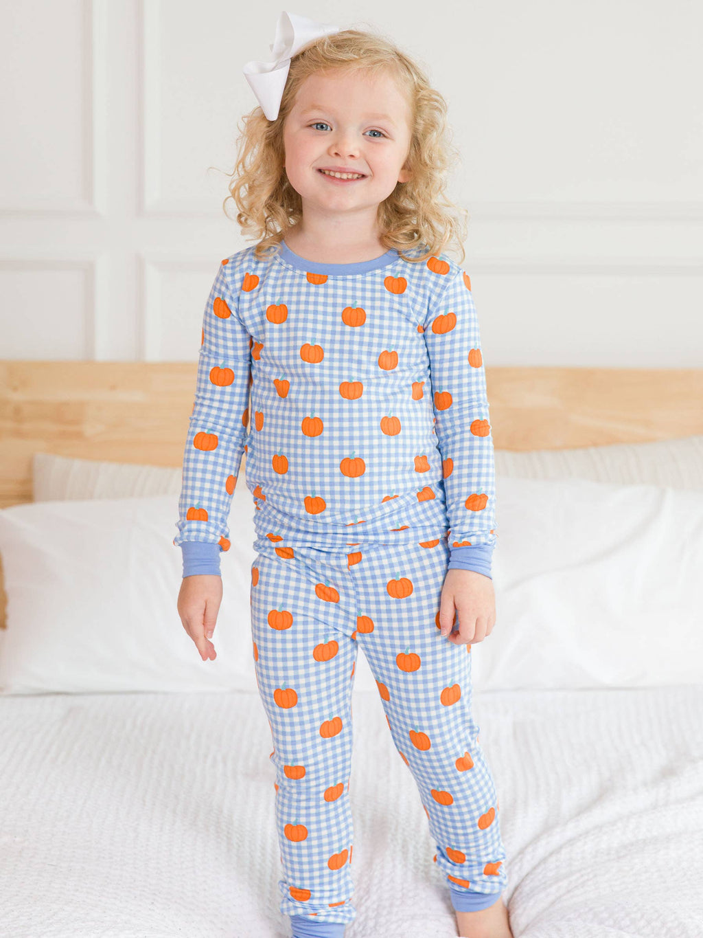 SoftSnooze™ Kids Bamboo Viscose Pumpkin Patch Gingham Long Sleeve Pajama Set