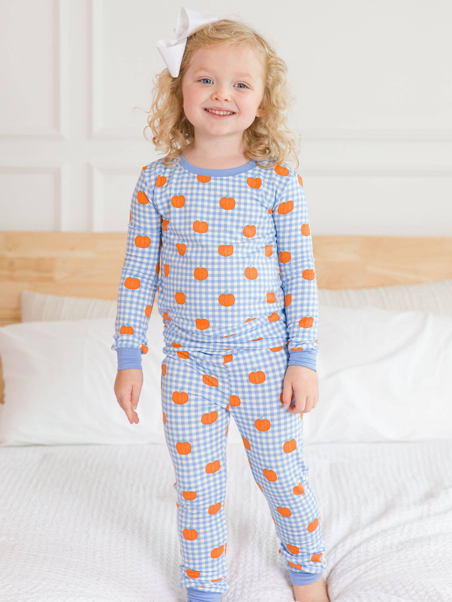 SoftSnooze™ Kids Bamboo Viscose Pumpkin Patch Gingham Long Sleeve Pajama Set