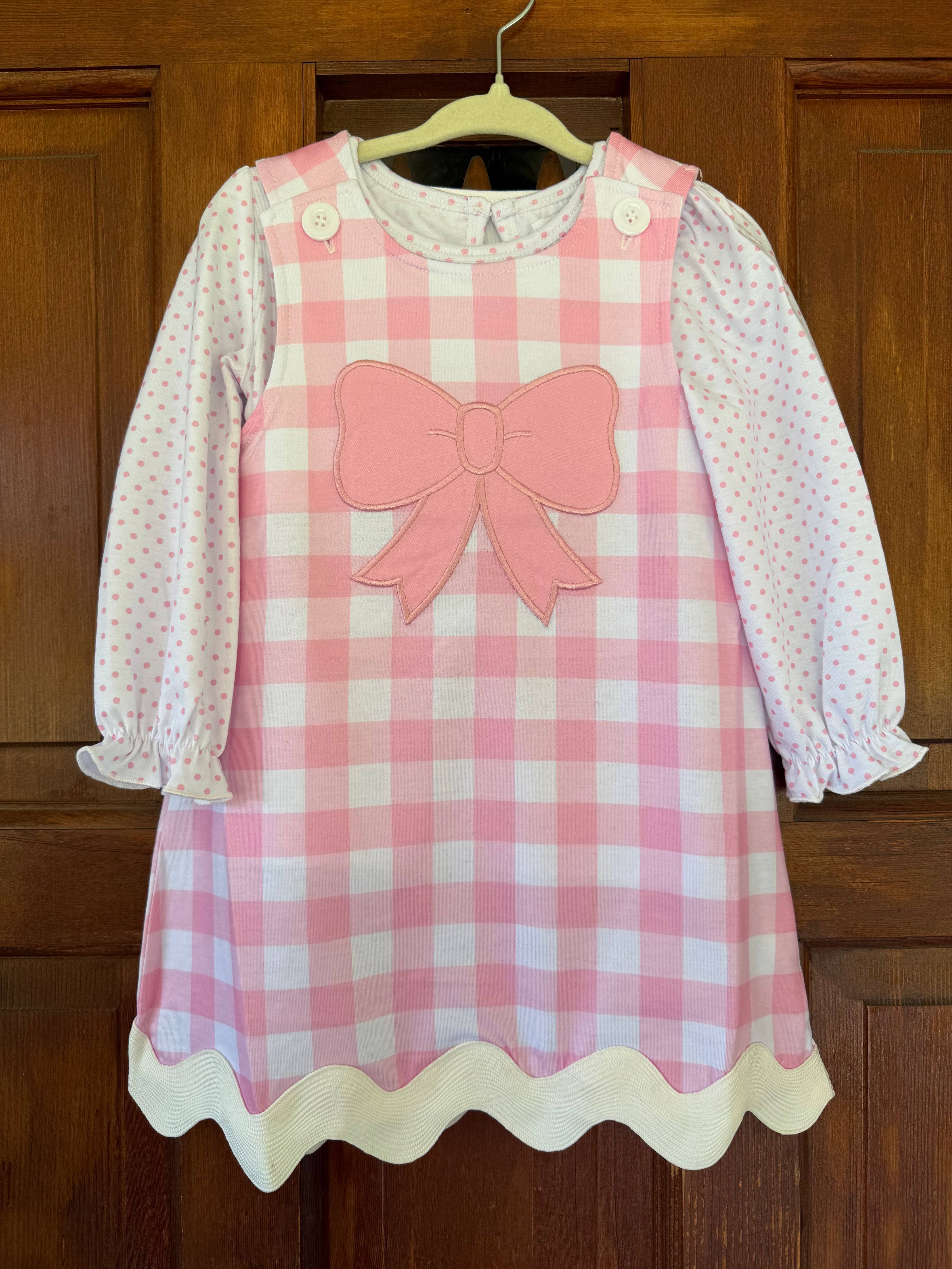 Pink Gingham Bow Dress & Bitty Dot Long Sleeve Top