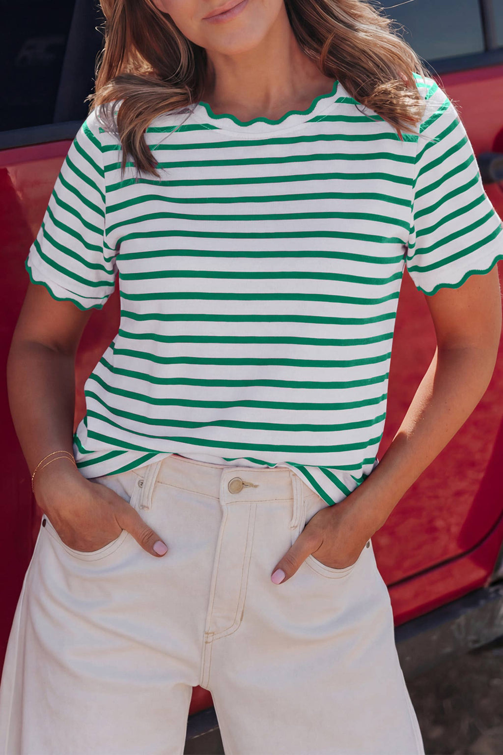 Stripe Scalloped Trim Round Neck T Shirt