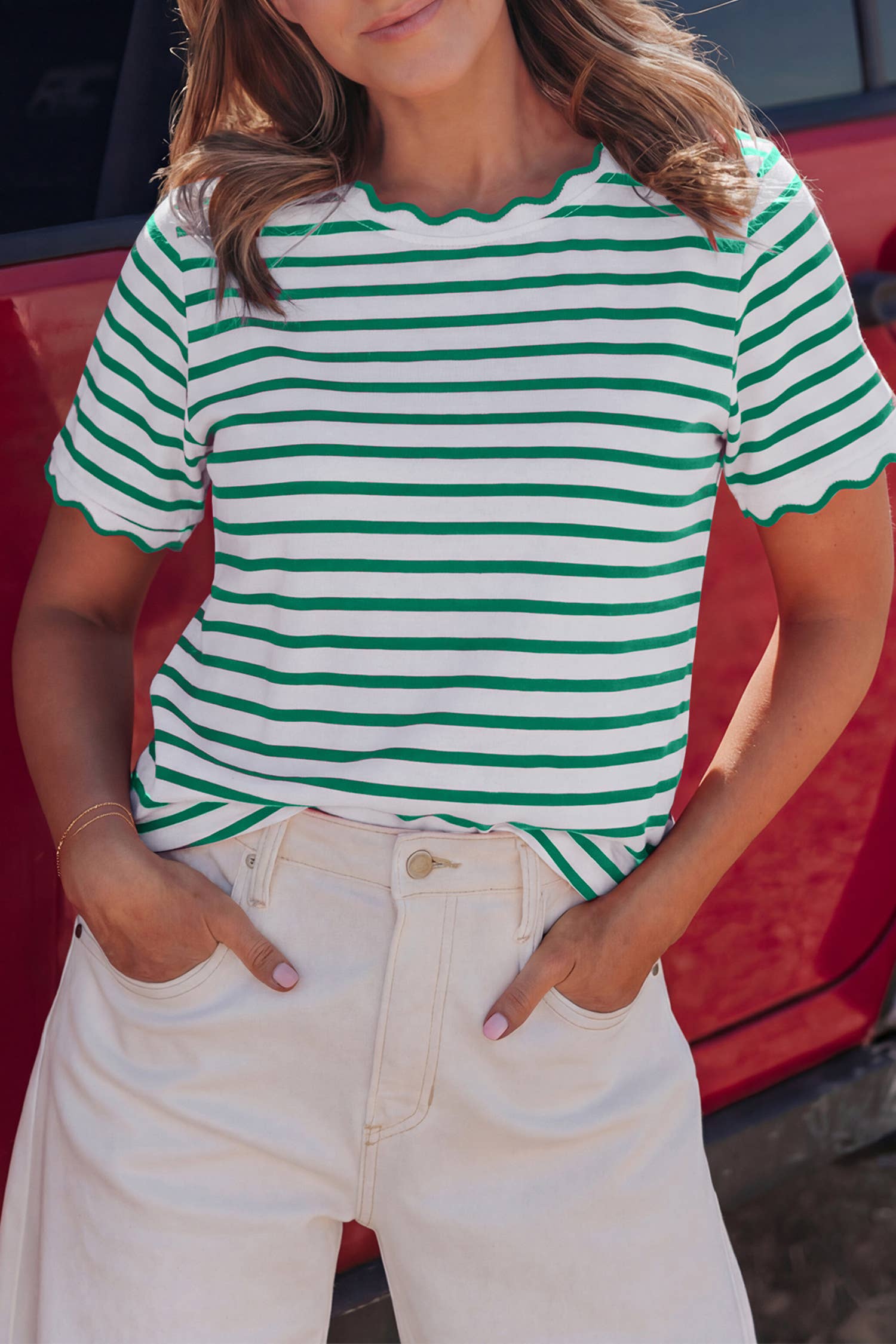Stripe Scalloped Trim Round Neck T Shirt