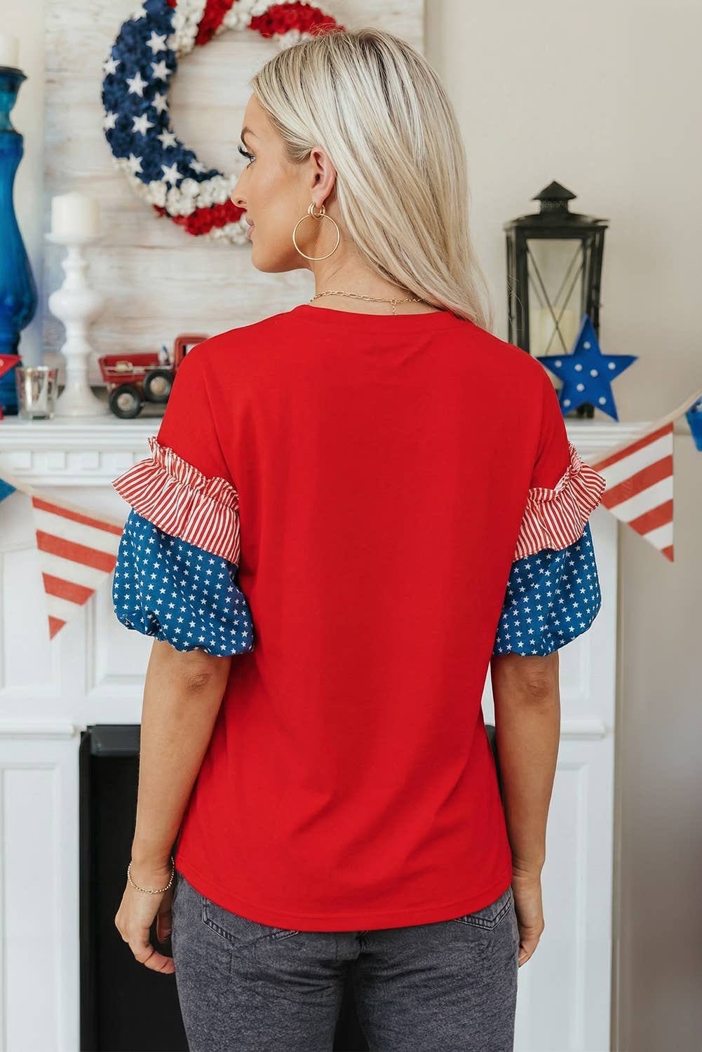 66 Plus Size Stars Stripes Short Puff Sleeve Top (S-4X)