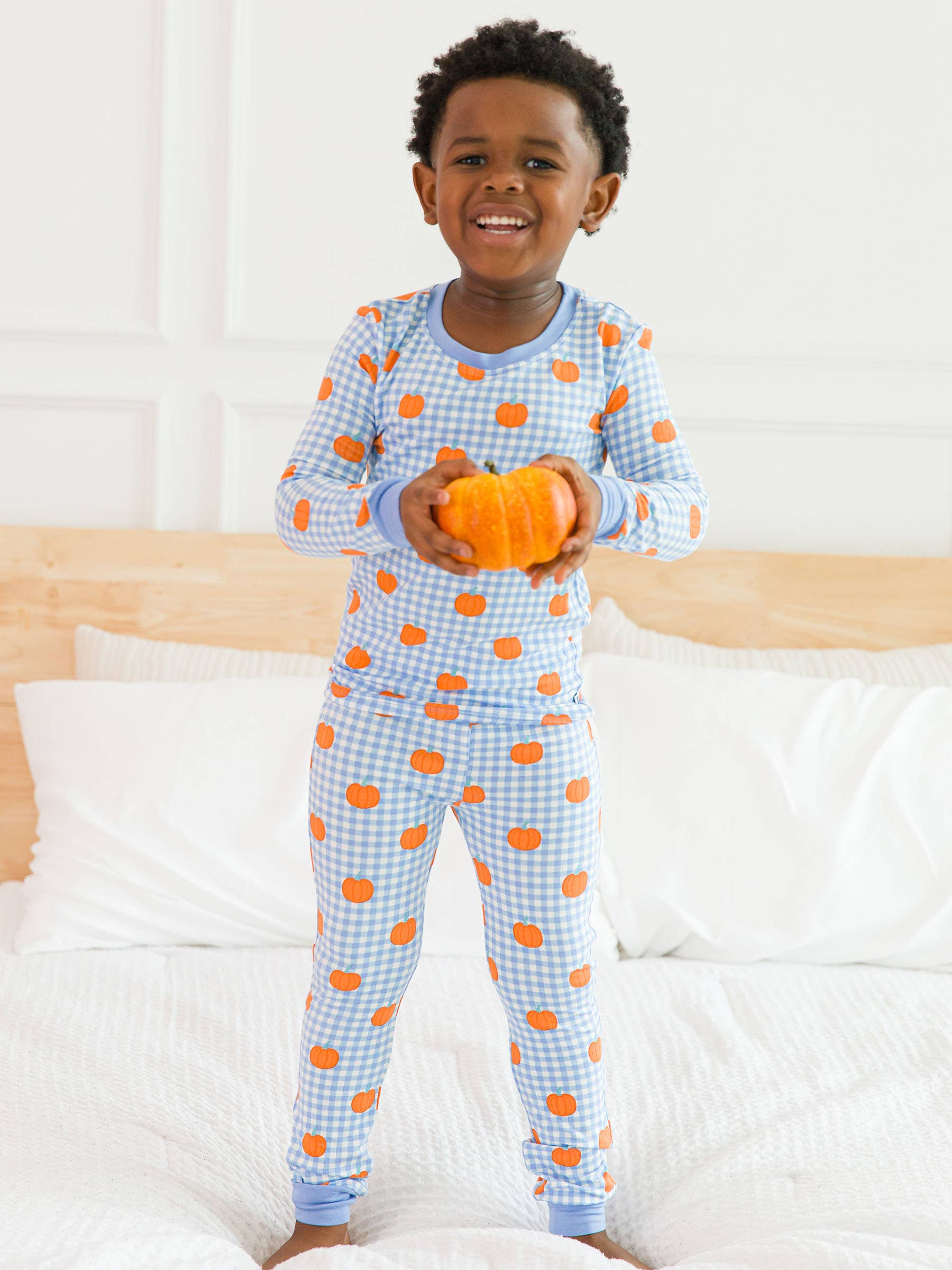 SoftSnooze™ Kids Bamboo Viscose Pumpkin Patch Gingham Long Sleeve Pajama Set