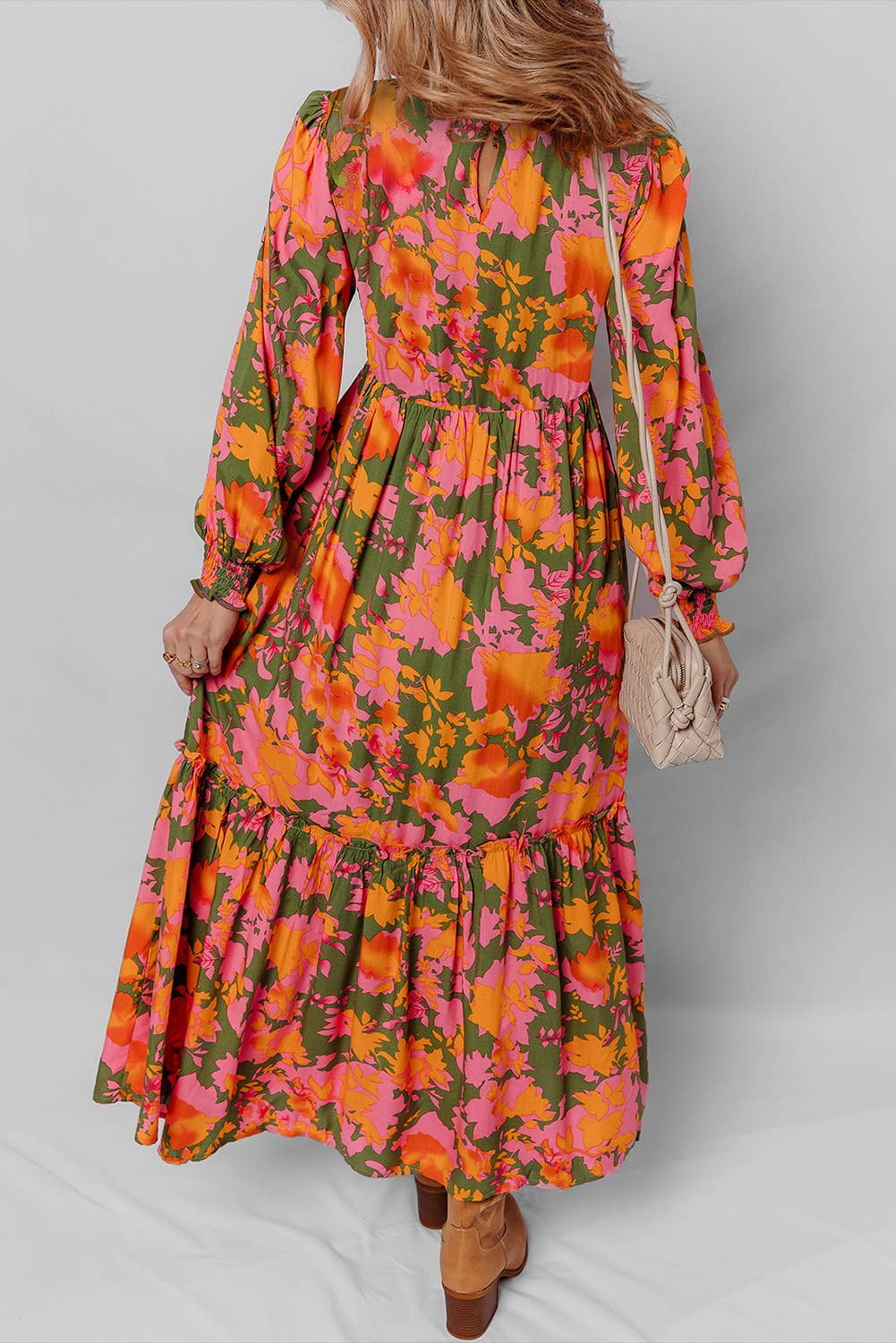 Floral Puff Sleeve Smocked Bodice Ruffled Long Dress (S-XL)