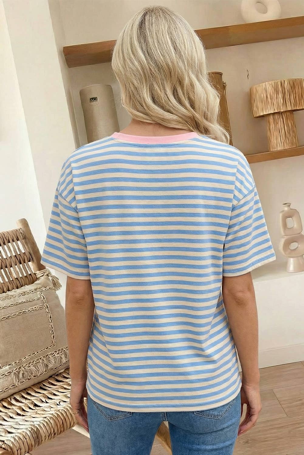 Stripe Contrast Crew Neck Drop Shoulder Loose Tee (S-4X)