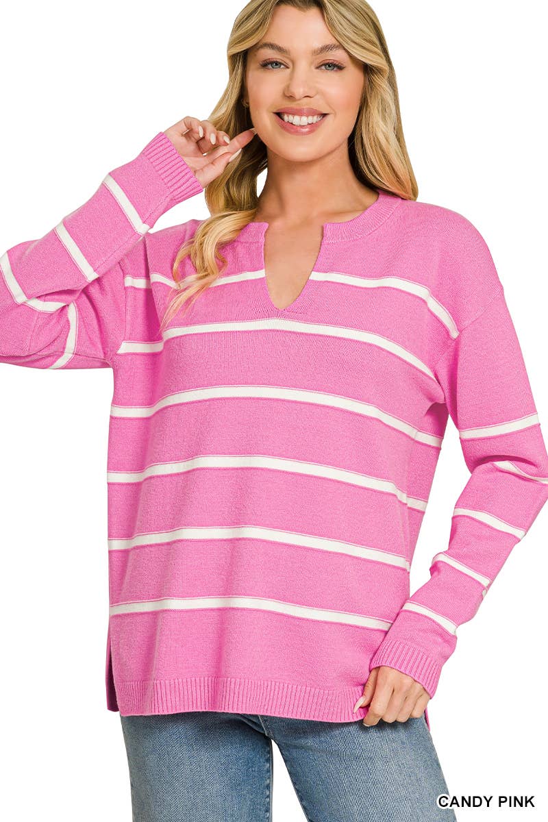 Viscose Split Neck Striped Sweater