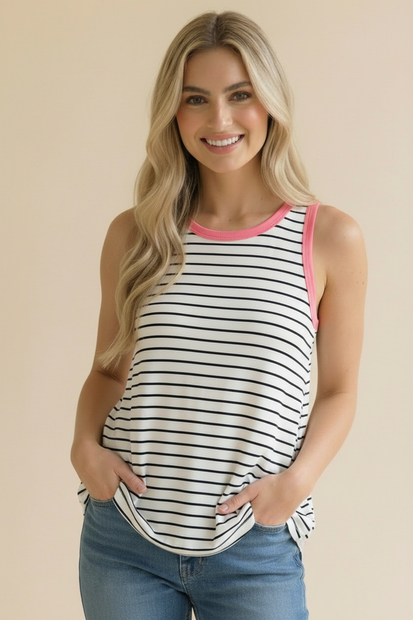 Plus Round Neck Color Block Multi Stripe Tank