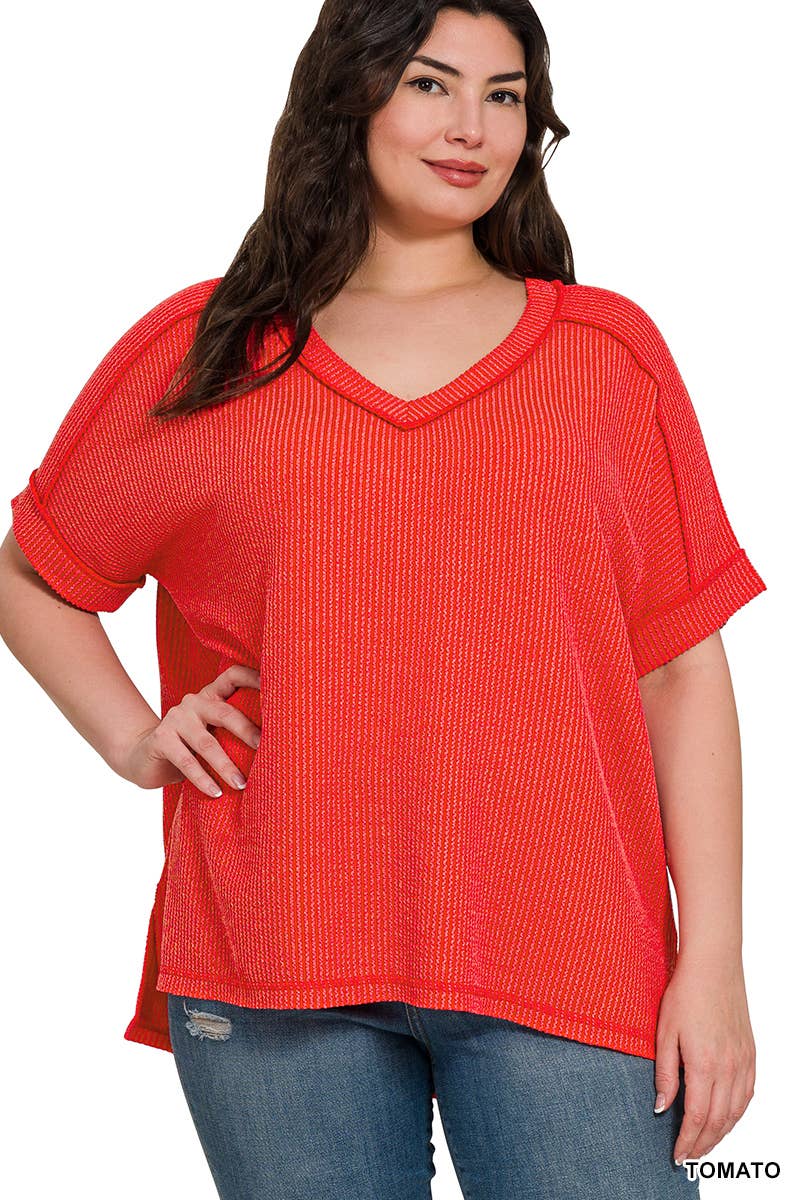 `SI-27252 Plus Corded Rib Short Sleeve Hi Low Neck Top