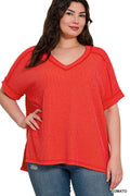 `SI-27252 Plus Corded Rib Short Sleeve Hi Low Neck Top