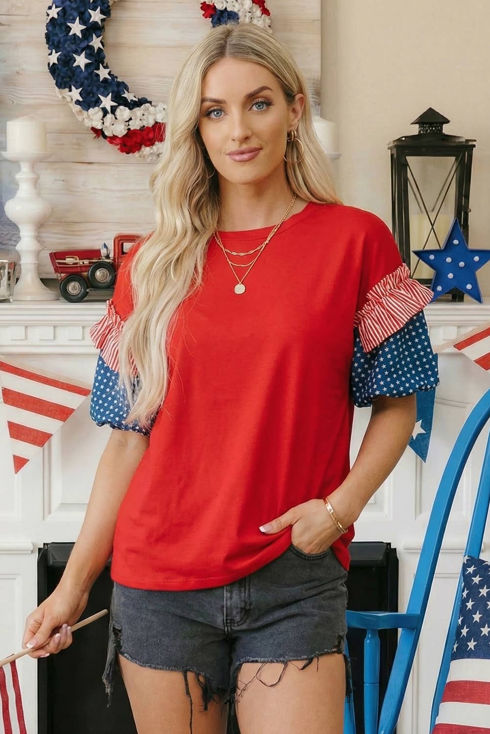 66 Plus Size Stars Stripes Short Puff Sleeve Top (S-4X)