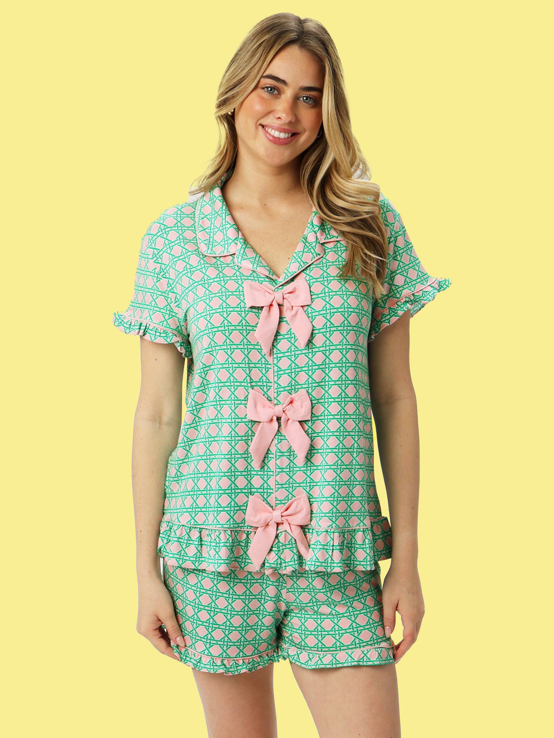 SoftSnooze™ Women's Bamboo Viscose Pink Coastal Cane Short Sleeve Bow Ruffle Pajama Set