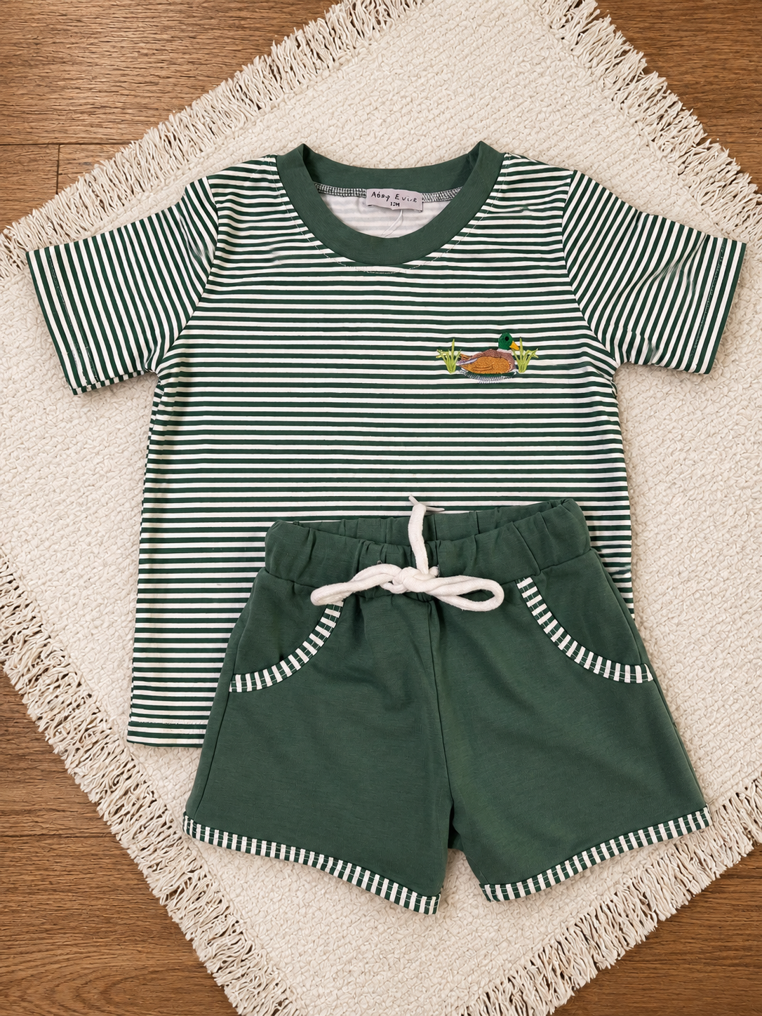 Green Duck Stripe Embroidered Short Set
