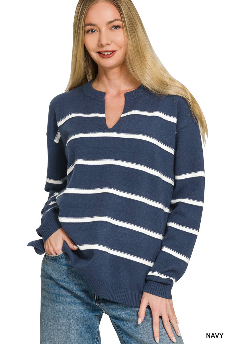 Viscose Split Neck Striped Sweater