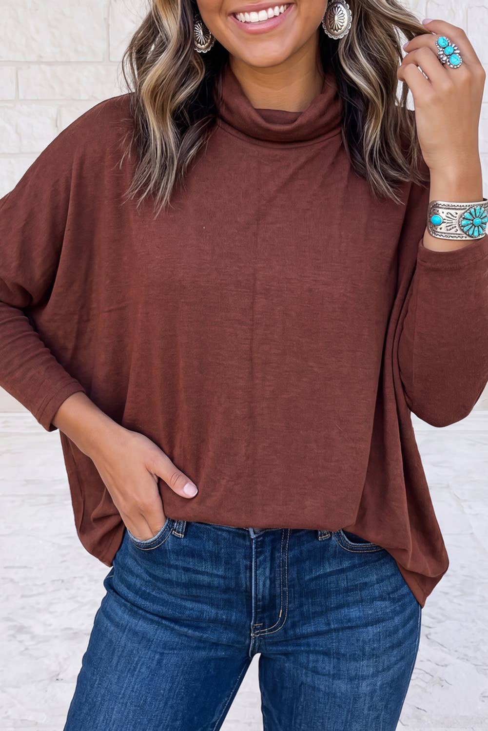 Oversized Mock Neck Long Sleeve Layering Basic Blouse