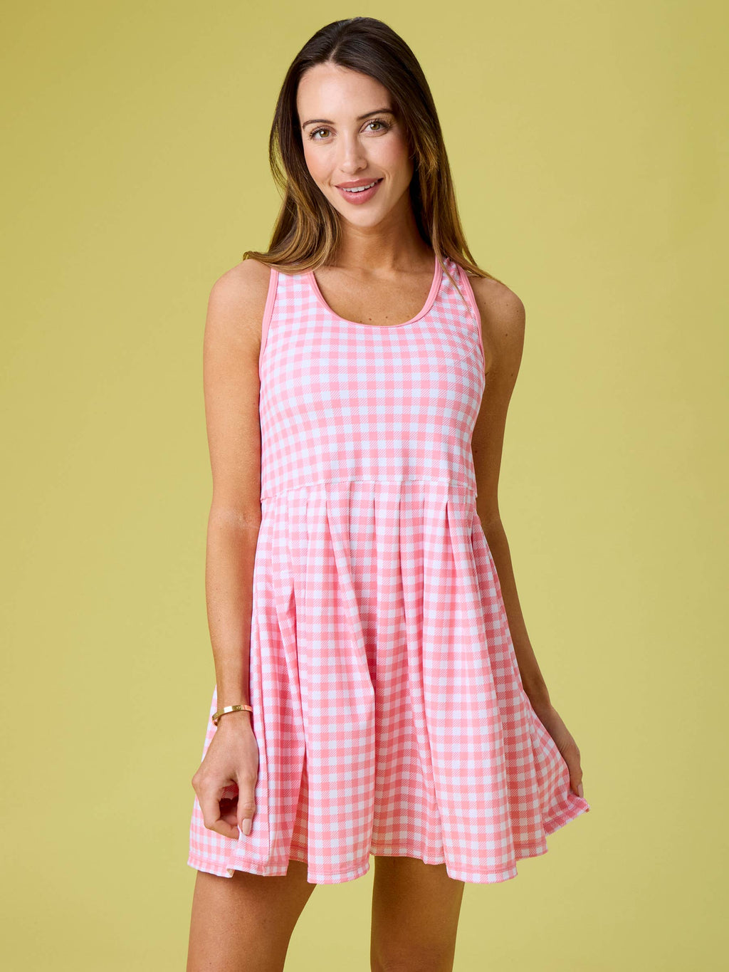 Women's Bubblegum Gingham Pleated Skirt Active Dress & Bike Short Set