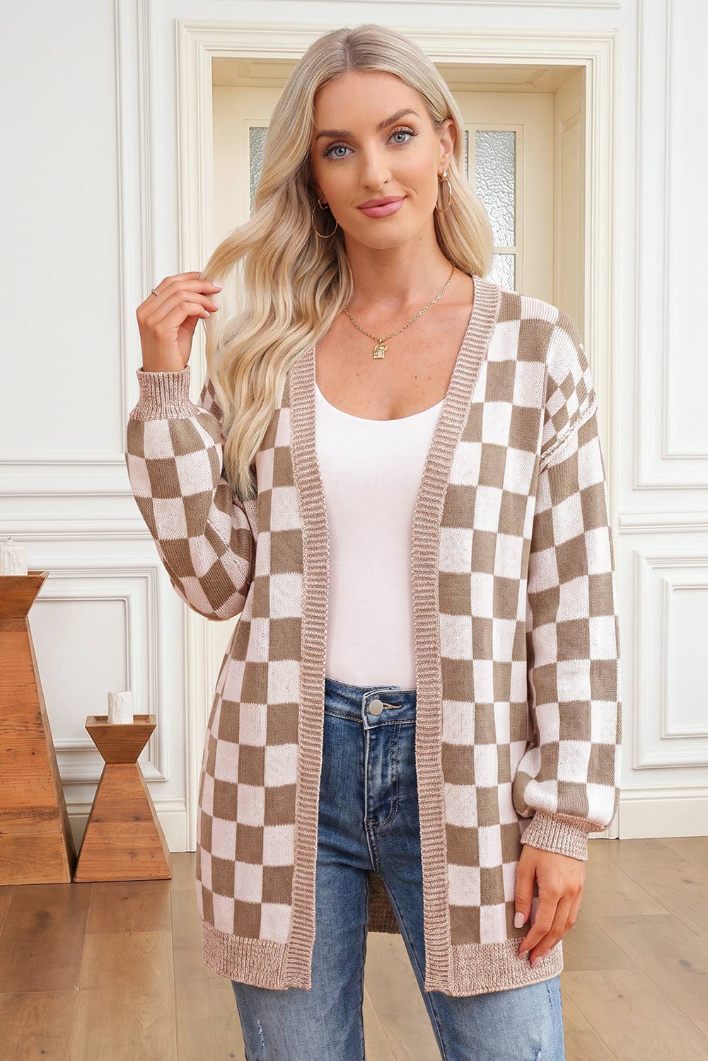 Checkered Open Front Drop Shoulder Cardigan (S-4X)