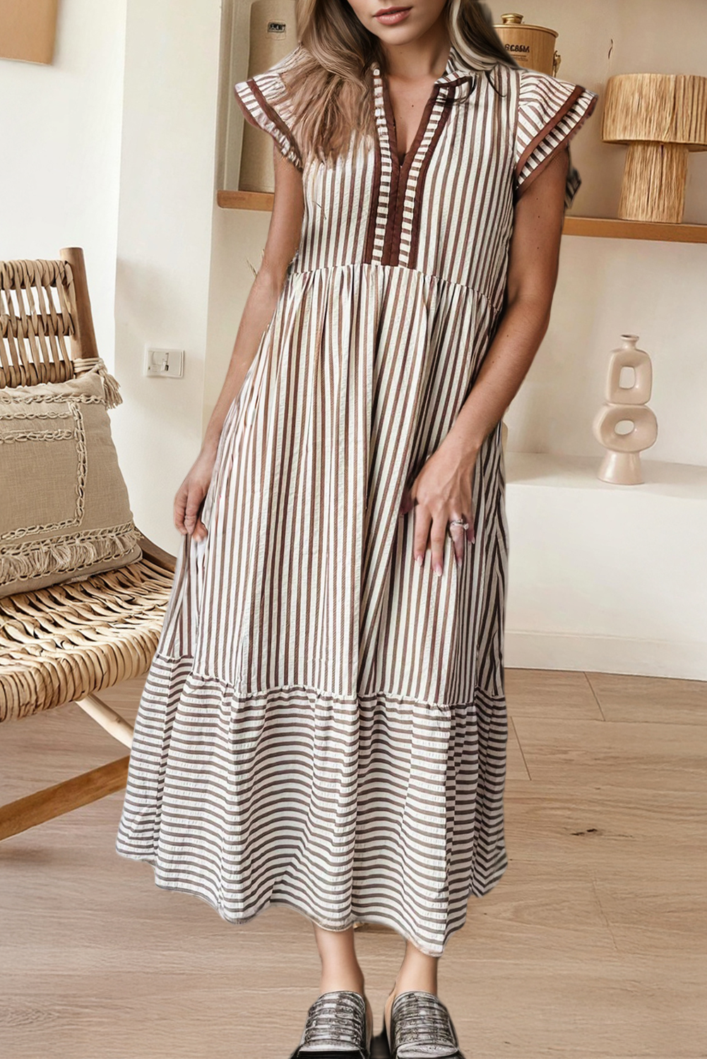 Stripe Double Ruffled Short Sleeve V Neck Midi Dress (S-XL)