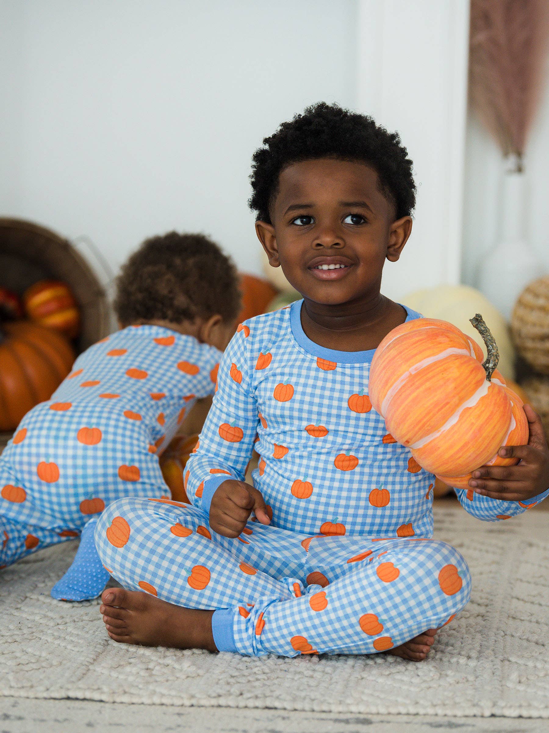SoftSnooze™ Kids Bamboo Viscose Pumpkin Patch Gingham Long Sleeve Pajama Set
