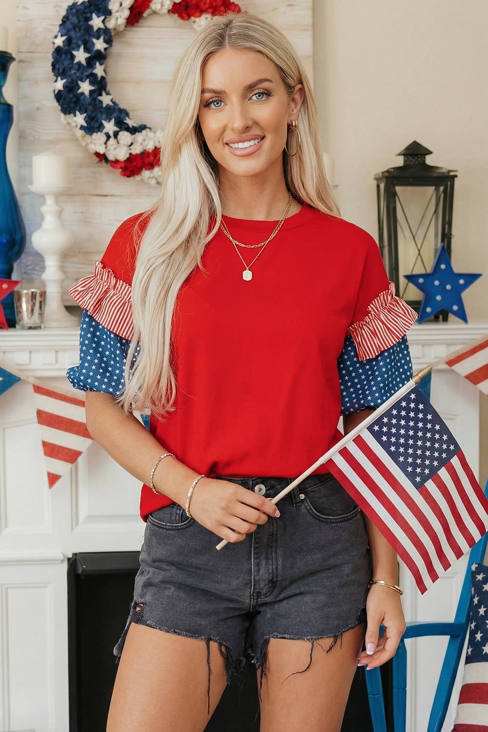 66 Plus Size Stars Stripes Short Puff Sleeve Top (S-4X)