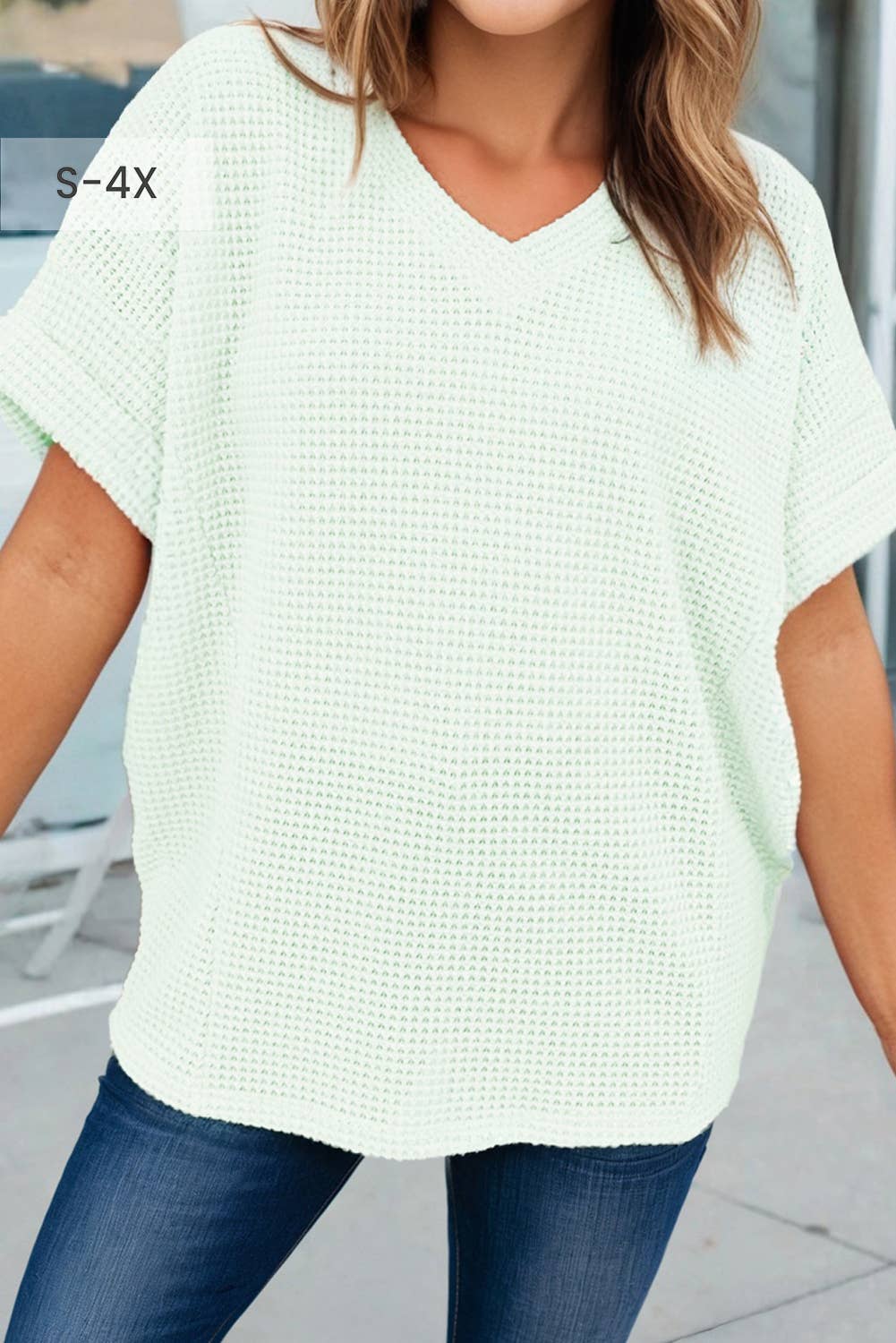 Plus Size Waffle V Neck Short Sleeve Knit Top (S-4X)