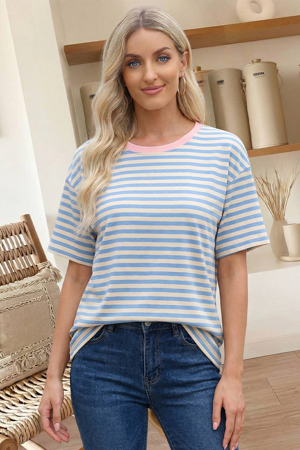 Stripe Contrast Crew Neck Drop Shoulder Loose Tee (S-4X)