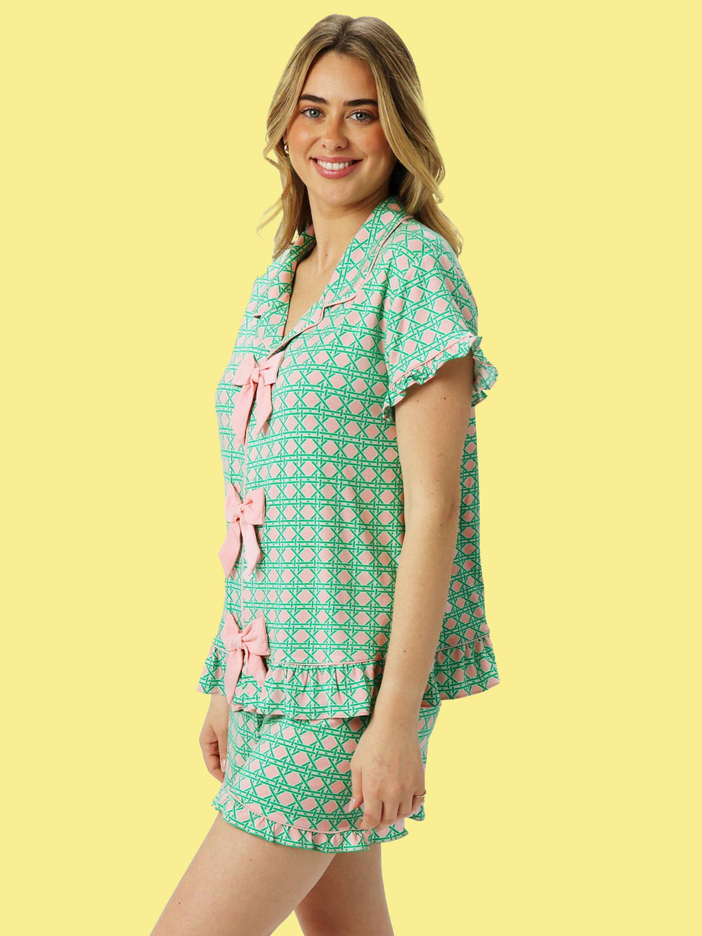 SoftSnooze™ Women's Bamboo Viscose Pink Coastal Cane Short Sleeve Bow Ruffle Pajama Set