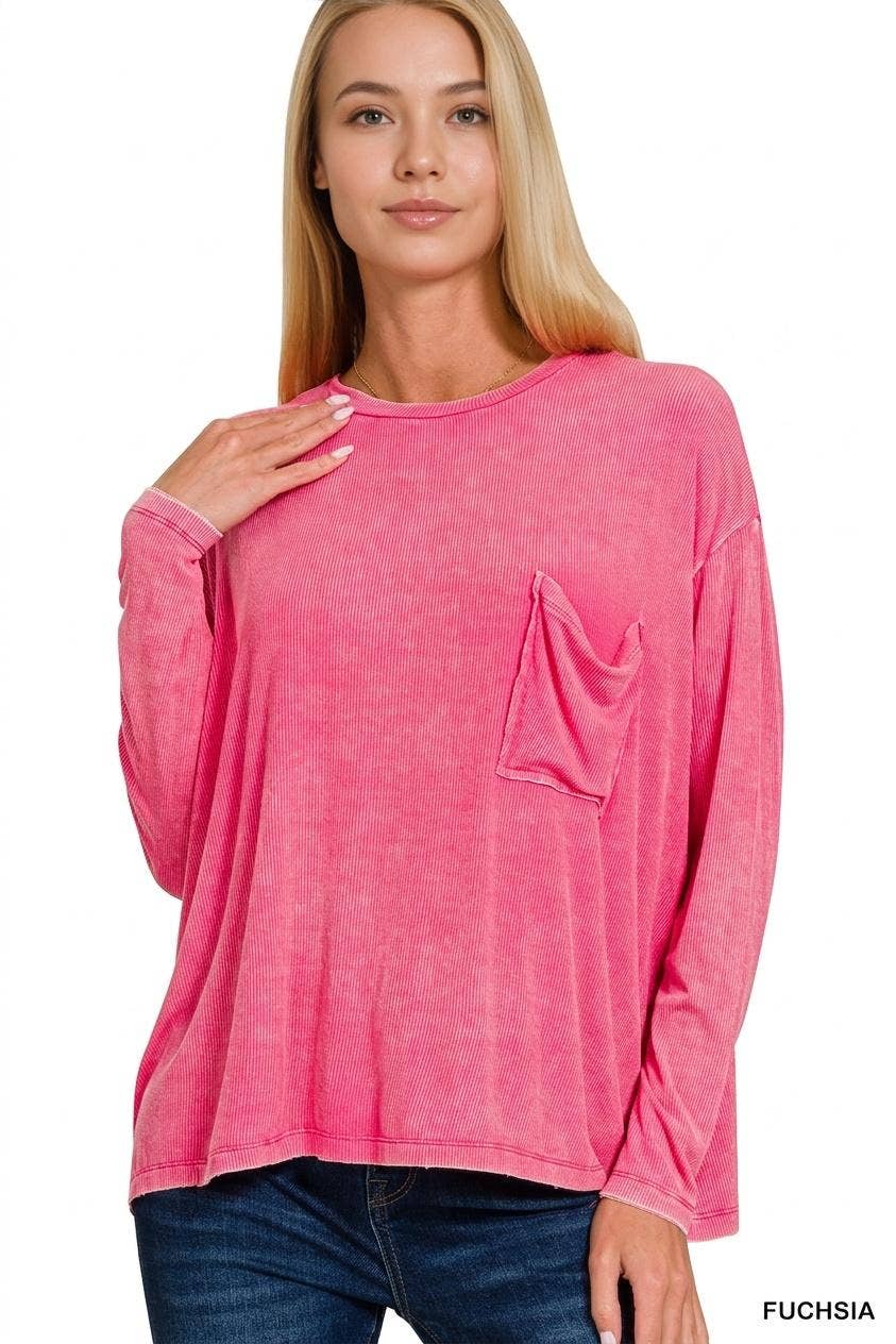Washed Dolman Sleeve Round Neck Top With A Pocket - Zenana