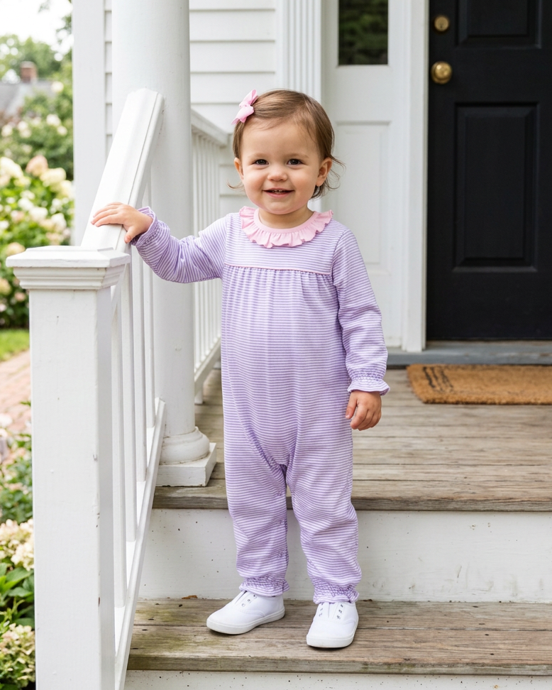 Audrey Romper - Lavender Stripe / Light Pink